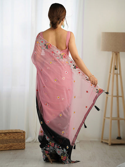 Women's Georgette Black Embellished Designer Saree With Blouse Piece