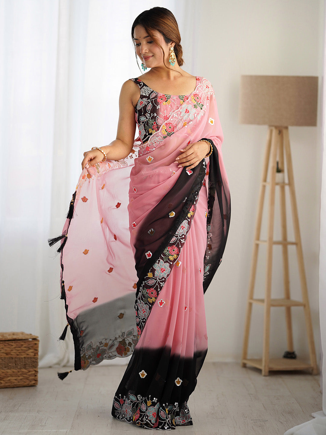 Women's Georgette Black Embellished Designer Saree With Blouse Piece