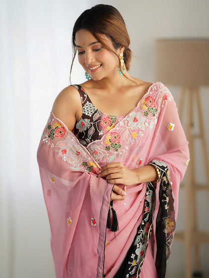 Women's Georgette Black Embellished Designer Saree With Blouse Piece