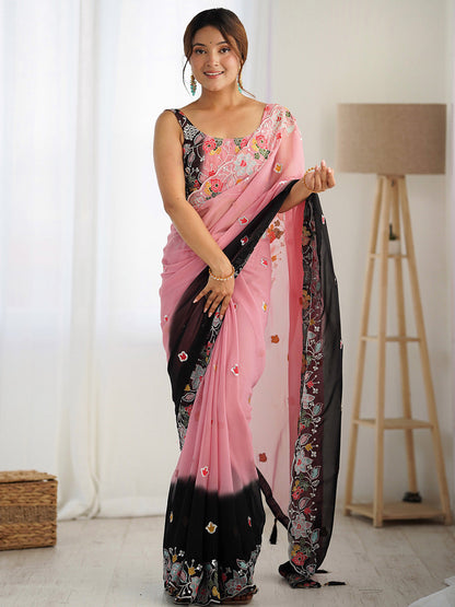 Women's Georgette Black Embellished Designer Saree With Blouse Piece