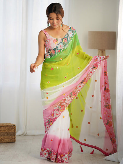 Women's Georgette Pink Embellished Designer Saree With Blouse Piece