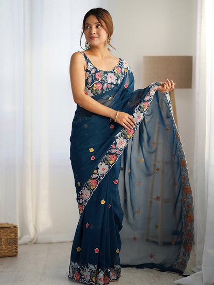 Women's Georgette Navy Blue Embellished Designer Saree With Blouse Piece