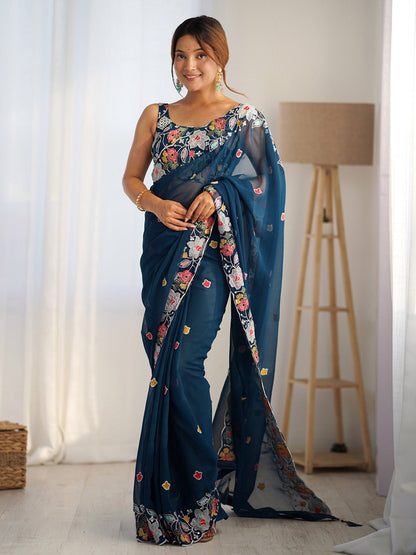 Women's Georgette Navy Blue Embellished Designer Saree With Blouse Piece