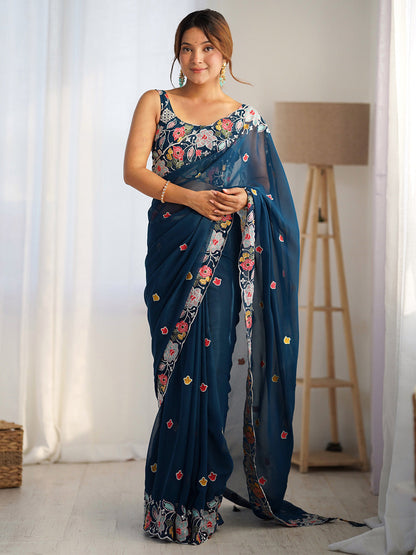 Women's Georgette Navy Blue Embellished Designer Saree With Blouse Piece