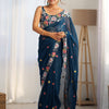 Women's Georgette Navy Blue Embellished Designer Saree With Blouse Piece