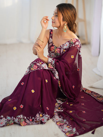 Women's Georgette Magenta Embellished Designer Saree With Blouse Piece