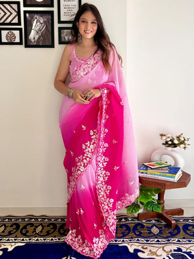 Women's Georgette Pink Embellished Designer Saree With Blouse Piece