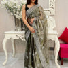 Women's Organza Olive Embroidered Designer Saree With Blouse Piece