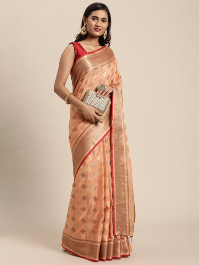 Indyancart GR Women's Kesar Peach Orange Zari Woven Design Banarasi Pure Cotton Saree