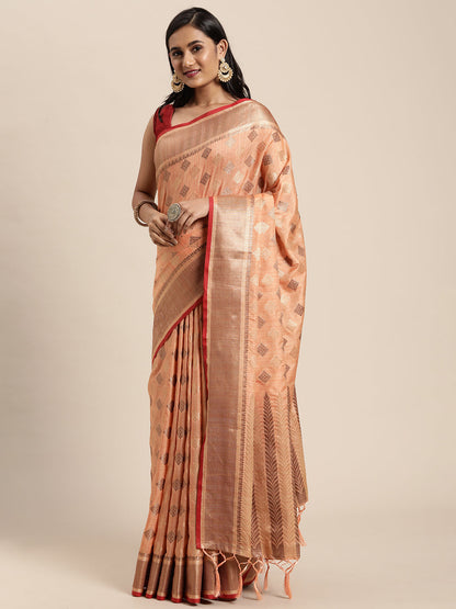Dhiyona GR Women's Kesar Peach Orange Zari Woven Design Banarasi Pure Cotton Saree