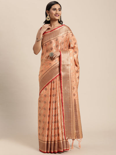 Indyancart GR Women's Kesar Peach Orange Zari Woven Design Banarasi Pure Cotton Saree