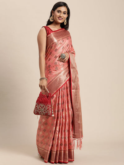 Indyancart GR Women's Kesar Rose Gold Pink Zari Woven Design Banarasi Pure Cotton Saree