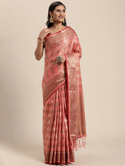 Indyancart GR Women's Kesar Rose Gold Pink Zari Woven Design Banarasi Pure Cotton Saree