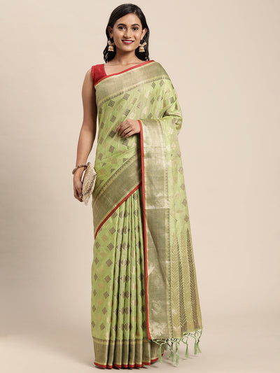 Indyancart GR Women's Kesar Sheen Green Zari Woven Design Banarasi Pure Cotton Saree