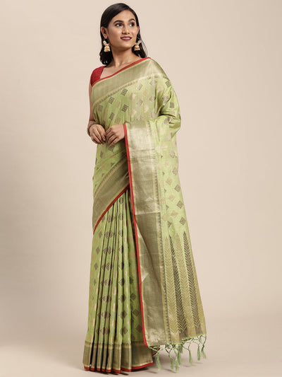 Indyancart GR Women's Kesar Sheen Green Zari Woven Design Banarasi Pure Cotton Saree