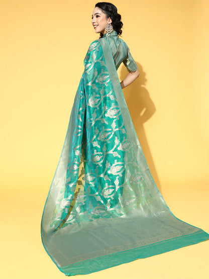Women's Organza Teal green Woven Design Celebrity Saree With Blouse Piece