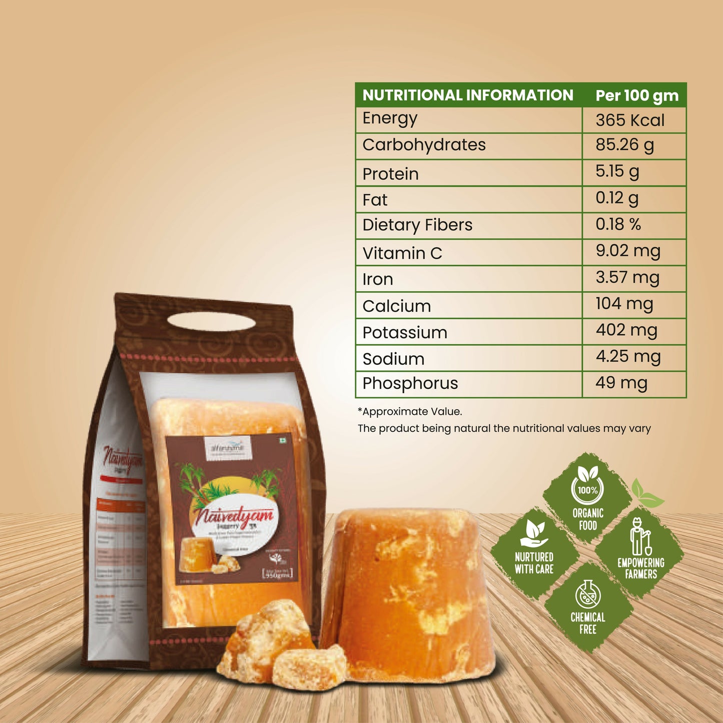 Naivedyam chemical-free jaggery cubes showing golden brown, textured blocks perfect for healthy sweetening and natural cooking.