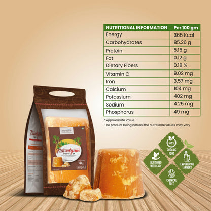 Naivedyam chemical-free jaggery cubes showing golden brown, textured blocks perfect for healthy sweetening and natural cooking.