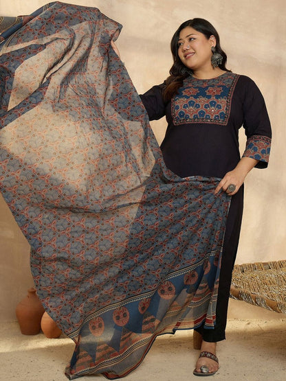 Indyancart Women's Ethnic Motifs Printed Regular Pure Cotton Kurta with Trousers & With Dupatta