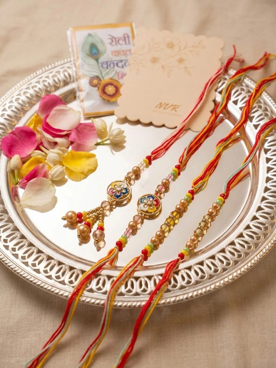 Anouk Set Of 4 Artificial Beads Family Pack Thread Rakhi With Roli Chawal Chandan Mishri
