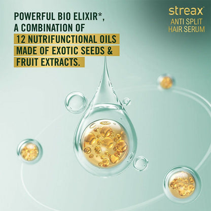 Streax Professional Anti Split Hair Serum with Bio-Elixir, featuring a sleek bottle and dropper applicator for smooth, shiny hair.