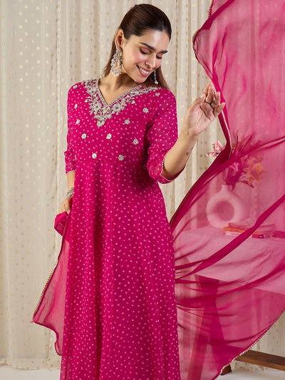 Indyancart IE Ethnic Motifs Printed V-Neck Sequinned Georgette Kurta With Trousers & Dupatta
