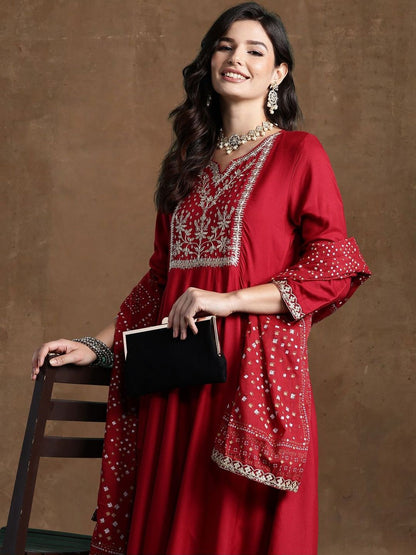 Women Ethnic Motifs Embroidered Panelled Thread Work Kurta with Trousers & With Dupatta