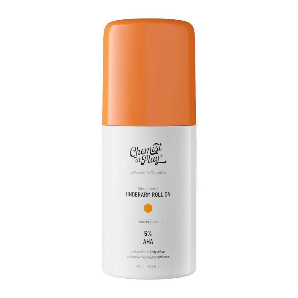 Chemist At Play brightening neck, knee, elbow, and under-arm roll-on cream, with smooth application and visible product packaging.