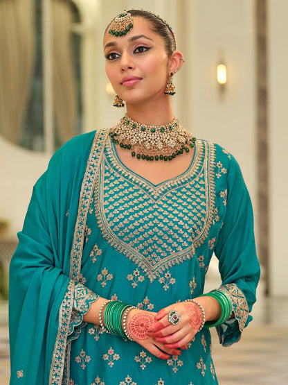 Dhiyona IE Women Ethnic Motifs Embroidered Zari Regular Kurta with Sharara & With Dupatta
