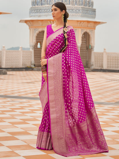 Women's Nylon Magenta Woven Design Handloom Saree With Blouse Piece