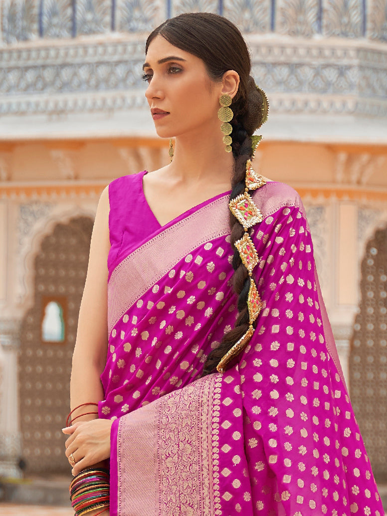 Women's Nylon Magenta Woven Design Handloom Saree With Blouse Piece