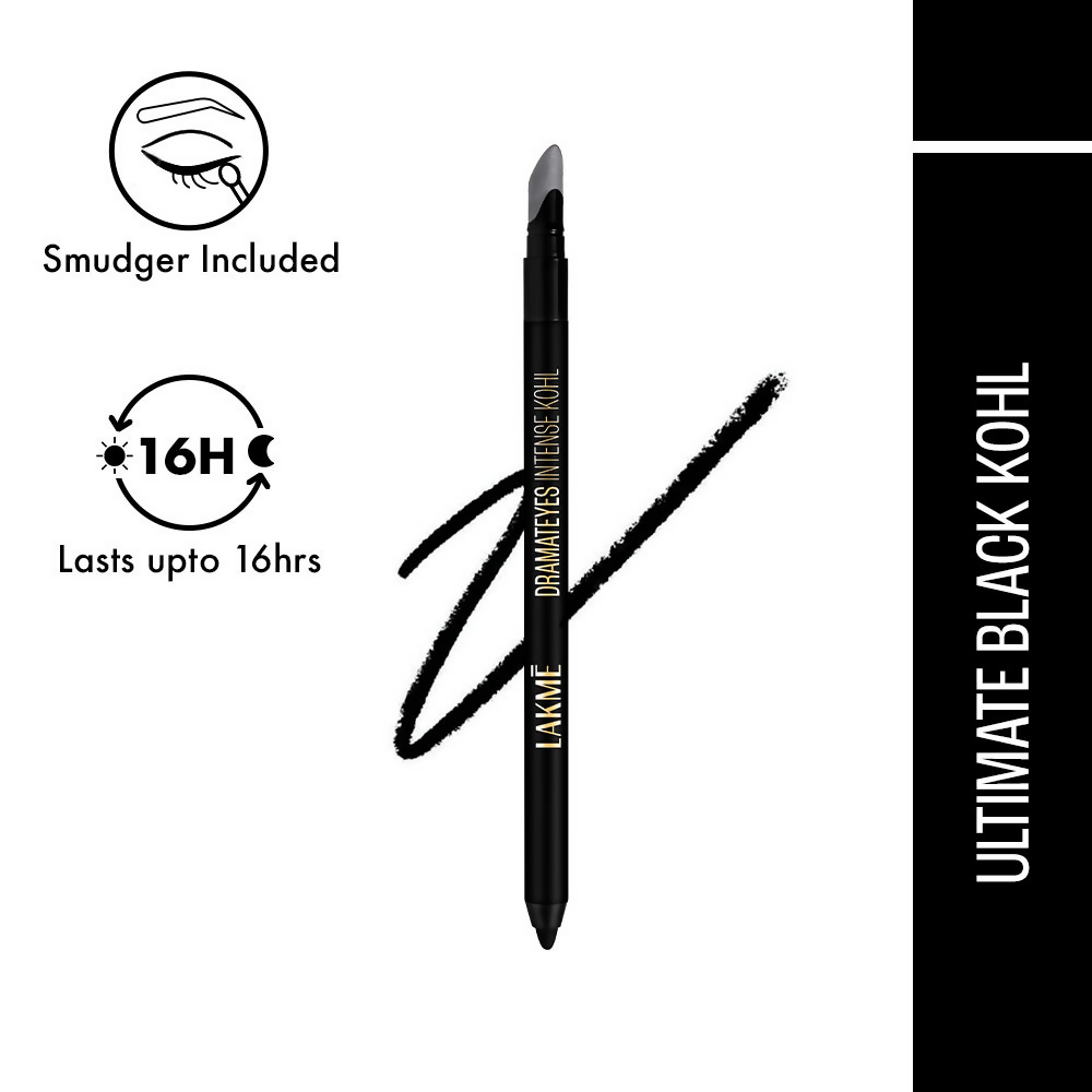 Lakme Absolute Kohl Ultimate Kajal in black, showing the sleek black pencil with a sharp tip and branded packaging.