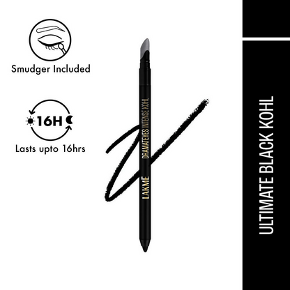 Lakme Absolute Kohl Ultimate Kajal in black, showing the sleek black pencil with a sharp tip and branded packaging.