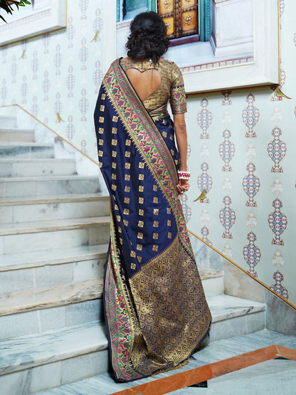 Women's Silk Blend Navy Blue Woven Design Designer Saree With Blouse Piece