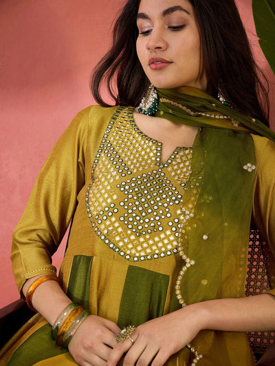 Indyancart SN Women's Vichitra Thread Mirror Work Embroidery A Line Kurta With Trousers & Dupatta