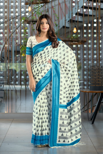 Indyancart GR Women's Kimaya Cyan Blue Soft Cotton Block Woven Design Saree