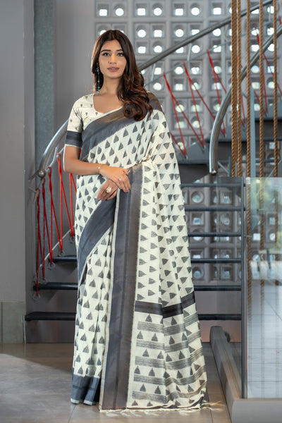Indyancart GR Women's Kimaya Dolphin Grey Soft Cotton Block Woven Design Saree