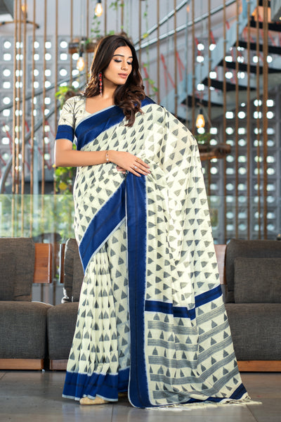 Indyancart GR Women's Kimaya Navy Soft Cotton Block Woven Design Saree