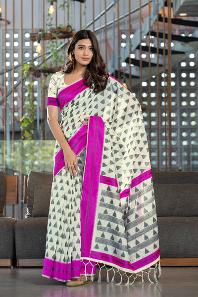 Indyancart GR Women's Kimaya Hot Pink Soft Cotton Block Woven Design Saree