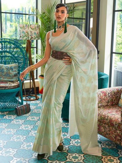 Women's Silk Blend Green Chikankari Designer Saree With Blouse Piece