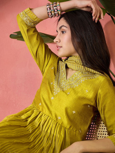 Indyancart SN Women's Mustard Floral Embroidered V-Neck Kurta With Pant And Dupatta