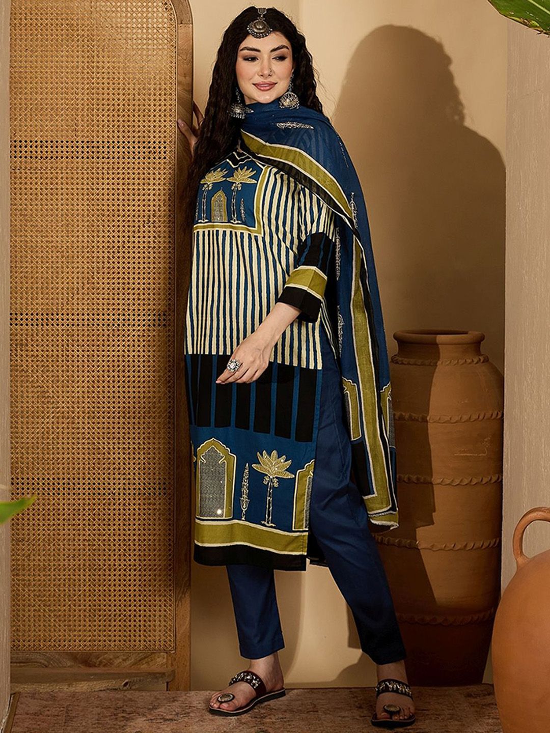 Indyancart SN Women's Striped Round Neck Sequinned Pure Cotton Straight Kurta with Trousers & Dupatta