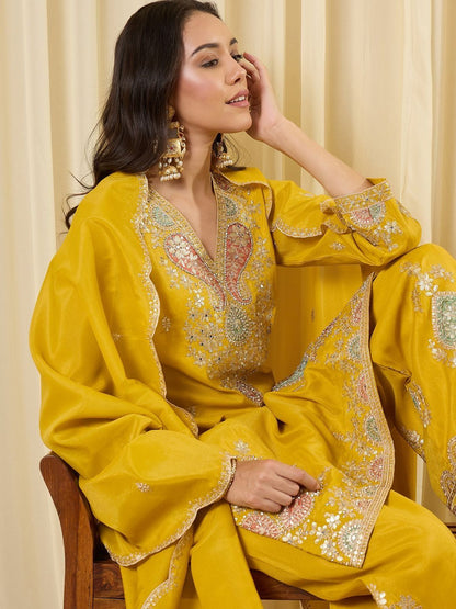 Indyancart IE Women Ethnic Motifs Embroidered Regular Thread Work Kurta with Palazzos & With Dupatta