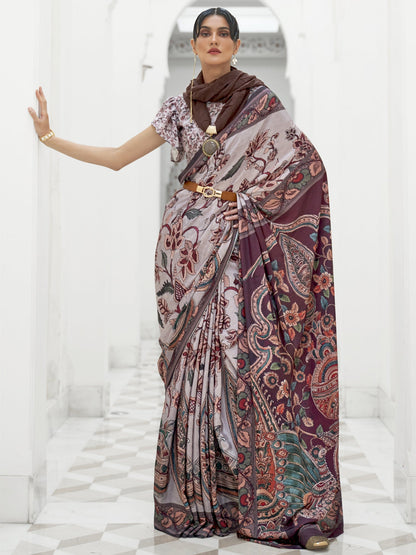 Women's Crepe Grey Digital Print Celebrity Saree With Blouse Piece