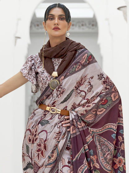 Women's Crepe Grey Digital Print Celebrity Saree With Blouse Piece