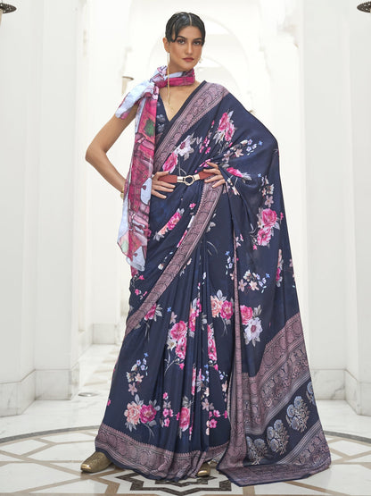 Women's Crepe Navy Blue Digital Print Celebrity Saree With Blouse Piece