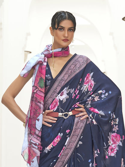 Women's Crepe Navy Blue Digital Print Celebrity Saree With Blouse Piece