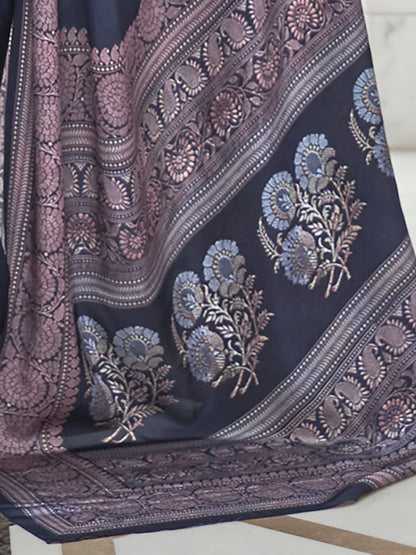 Women's Crepe Navy Blue Digital Print Celebrity Saree With Blouse Piece