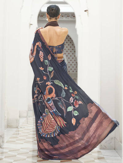 Women's Crepe Black Digital Print Celebrity Saree With Blouse Piece