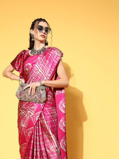 Women's Crepe Pink Printed Celebrity Saree With Blouse Piece